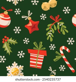 Cristmas vector pattern. Candy cane, gift box, Christmas toys, holly, bells, mistletoe and snowflakes seamless wallpaper. Vector flat cartoon design.