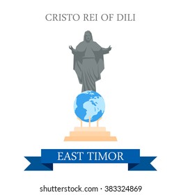 Cristo Rei of Dili Jesus Statue in East Timor. Flat cartoon style historic sight showplace attraction web site vector illustration. World countries cities vacation travel sightseeing Asia collection.