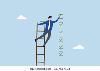 Criteria checklist report, businessman put tick on completion checklist.