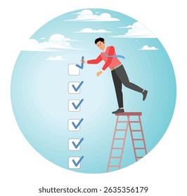 Criteria checklist report concept, to do list or task done. Businessman put tick on completion checklist.