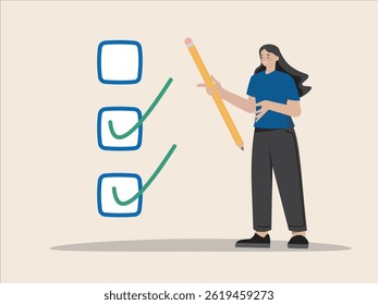 Relatório de lista de verificação de critérios, avaliação, caixa de seleção completa, concluir trabalho para fazer lista ou tarefa concluída controle de garantia de qualidade marca de seleção conceito. Mulher feliz marca na conclusão checklist vetor projeto plano.