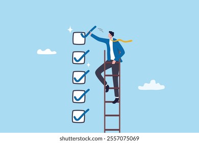 Criteria checklist report, evaluation list, complete checkbox, finish work, to do list or task done, quality assurance control, checkmark concept, businessman put tick on completion checklist.