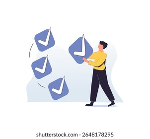 Relatório de lista de verificação de critérios, lista de avaliação, caixa de verificação completa, concluir trabalho, fazer lista ou tarefa concluída, controle de garantia de qualidade, conceito de marca de verificação, empresário colocar marca na lista de verificação de conclusão.