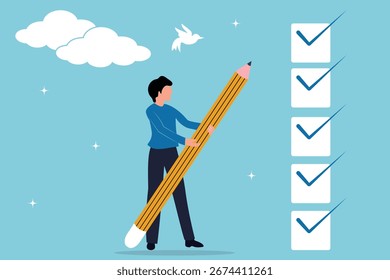 Relatório de lista de verificação de critérios, Acompanhamento de projetos, gerente de projetos do empresário marque o andamento da lista de verificação de projetos. Caixa de verificação completa, terminar o trabalho, para fazer lista ou tarefa concluída, empresário colocar carrapato com lápis.