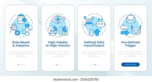 Criteria for RPA blue onboarding mobile app screen. Automation walkthrough 4 steps editable graphic instructions with linear concepts. UI, UX, GUI template