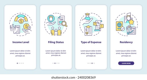 Criteria for taxpayers onboarding mobile app screen. Fiscal policy walkthrough 4 steps editable graphic instructions with linear concepts. UI, UX, GUI template