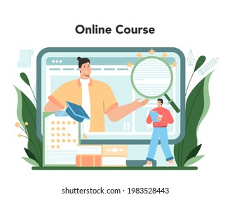 Critic online service or platform. Journalist making review on piece art. Specialist making an opinion on creative works. Online course. Flat vector illustration