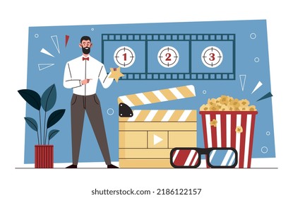 Critic With Popcorn. Man Evaluates Films, Character Watches Movie In Cinema To Write Review. Popular Personality Forms His Opinion, Art Critic Or Talented Director. Cartoon Flat Vector Illustration