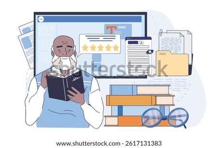 Critic read book. Old man with book near stack of textbooks and fiction. Journalist and literary critic. Analysis and evaluation of literary works. Linear vector illustration