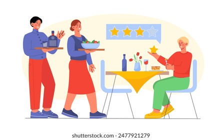 Critic in restaurant. Man sits at table and evaluates cafes food and service. Feedback and feedback on food. Catering occupation. Cartoon flat vector illustration isolated on white background