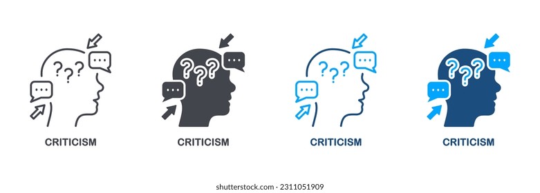 Critic Thinking, Intellectual Process Symbol Collection. Critical Review, Criticism Pictogram. Frustrated Human, Angry Swear and Complain Silhouette and Line Icon Set. Isolated Vector Illustration.