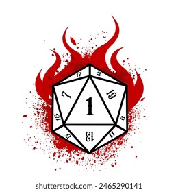 critical 1, D20 dice with flame, rpg dice, rpg game, vector illustration	