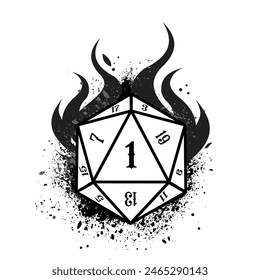 critical 1, D20 dice with flame, rpg dice, rpg game, vector illustration	