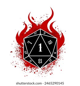 critical 1, D20 dice with flame, rpg dice, rpg game, vector illustration	