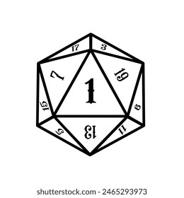 crítico 1, dados D20 con llama, dados rpg, juego rpg, Ilustración vectorial	