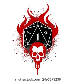 critical 1, D20 dice with flameand scull , rpg dice, rpg game, vector illustration	