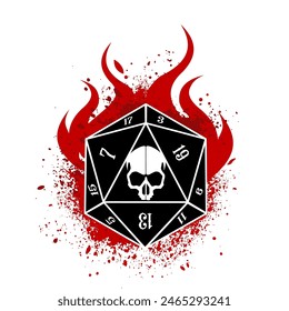 critical 1, D20 dice with flameand scull , rpg dice, rpg game, vector illustration	