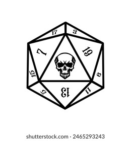 critical 1, D20 dice with flameand scull , rpg dice, rpg game, vector illustration	