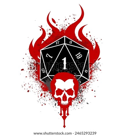 critical 1, D20 dice with flameand scull , rpg dice, rpg game, vector illustration	