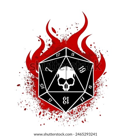 critical 1, D20 dice with flameand scull , rpg dice, rpg game, vector illustration	