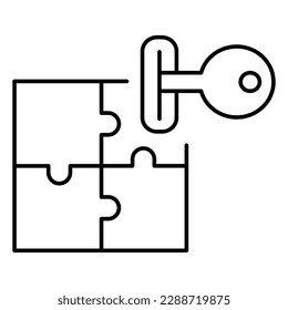 Soluciones de acceso crítico, claves seguras, bloqueo y rompecabezas de claves, administración de acceso complejo, icono de línea vector de rompecabezas con trazo editable.