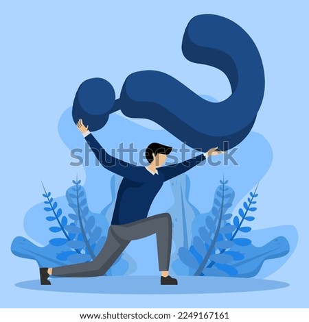 Critical business problem concept, Difficult questions with no answers or solutions, frustrated trying businessman carrying a big heavy question mark burden, burden of doubt or stress concept.
