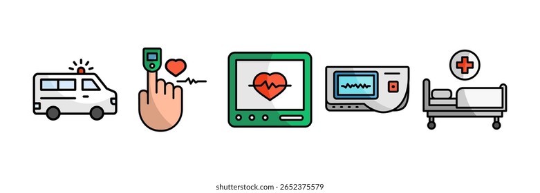 Conjunto de ícones de cuidados críticos Coleção de estilos múltiplos, contendo projeto Ambulância, oxímetro de pulso, monitor de ECG, ECG, hospital