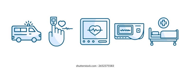 Critical Care Icon Set Multiple Style Collection, Containing design Ambulance, Pulse Oximeter, EKG Monitor, ECG, Hospital