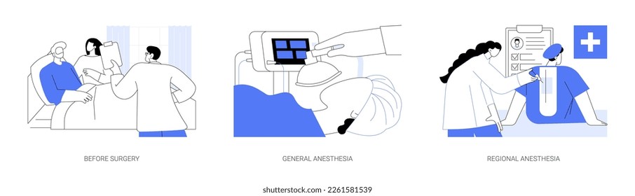 Critical care medicine abstract concept vector illustration set. Patient before surgery, general and regional anesthesia, hospital emergency room, sedation mask, epidural catheter abstract metaphor.