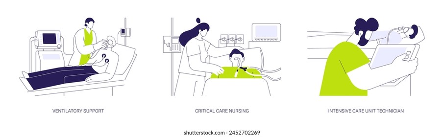 Critical care medicine abstract concept vector illustration set. Ventilatory support, critical care nursing, intensive care unit technician, coma patient in hospital, medical help abstract metaphor.