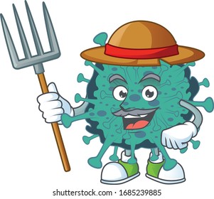 Critical coronavirus in Farmer mascot design with hat and pitchfork