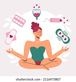 Días críticos. PMS. Varios artículos de higiene personal. Pads, tampón, taza menstrual. La mujer se relaja. Ilustración vectorial al estilo de las caricaturas.