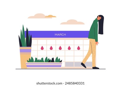 Critical days web concept with people scene in flat design. Woman takes care herself in her menstrual period, marks dates on calendar with drops. Vector illustration with character situation for web