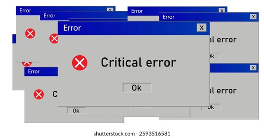 Critical error message old windows. Retro interface popup vector illustration