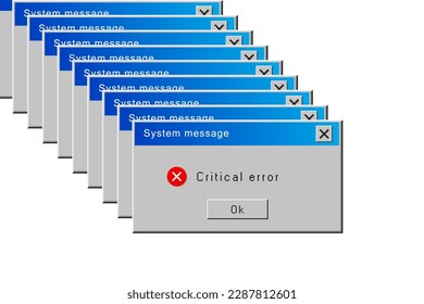 Kritische Fehlermeldung. Retro-Betriebssystem-Fenster mit System-Meldung und Warnung über kritische Fehler. Alte Benutzeroberfläche im Stil der 90er Jahre.  Popup-Dialogfeld mit Fehlermeldung erneut starten. Vektorgrafik