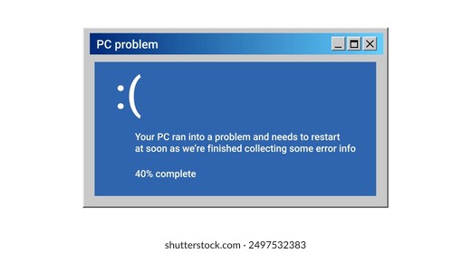 Critical error of operating system. Blue screen of death. Restart computer notification.