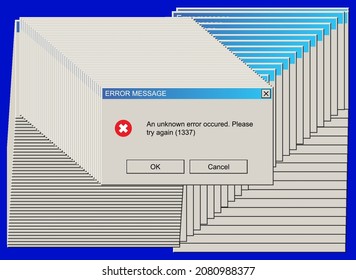 Critical Error Warning Message. Unknown Error Try Again Later Window. Program Glitch Popup. Vintage Technology User Interface. Vector Illustration.