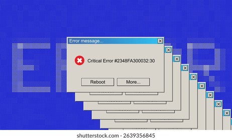 Critical Error Warning Message Window. BSOD Blue Screen of Death Concept. Server Update Error Global Outage. Vintage User Interface Operating System Fail. Vector Illustration.