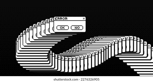 Mensaje emergente de advertencia de errores críticos. Interfaz de usuario vintage. Error de interfaz de usuario del sistema operativo de píxeles de 1 bit. Ilustración vectorial.