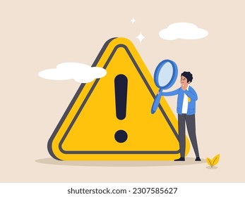 Critical failure concept. Incident management, root cause analysis or solving problem, identify risk, businessman with magnifier monitor and investigate incident with exclamation attention sign.