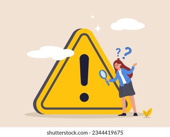 Critical failure concept. Incident management, root cause analysis or solving problem, identify risk, businesswoman with magnifier monitor and investigate incident with exclamation attention sign.