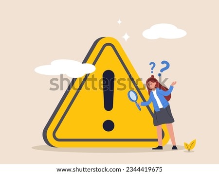 Critical failure concept. Incident management, root cause analysis or solving problem, identify risk, businesswoman with magnifier monitor and investigate incident with exclamation attention sign.