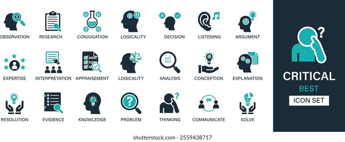 Critical icon set collection. Observation, research, conjugation, logicality, decision, listening, argument, expertise, interpretation and  best solid icon set.