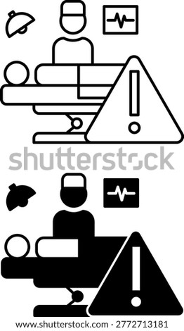 Critical Icons. Line and Glyph Vector Icons. Doctor Saving a Critically Ill Person. ICU, Person on a Gurney, Pulse, Ward. Warning Sign. Emergency Concept
