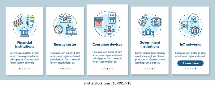 Critical infrastructure security onboarding mobile app page screen with concepts. Finance, energy, government walkthrough 5 steps graphic instructions. UI vector template with RGB color illustrations