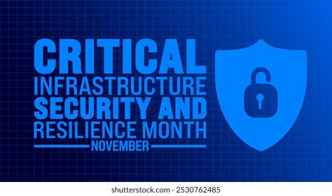 Critical Infrastructure Security and Resilience Month Hintergrund oder Banner Design Template wird jedes Jahr im November beobachtet. Urlaubskonzept. Vorlage für Karte, Poster, Plakat, Vorlage.