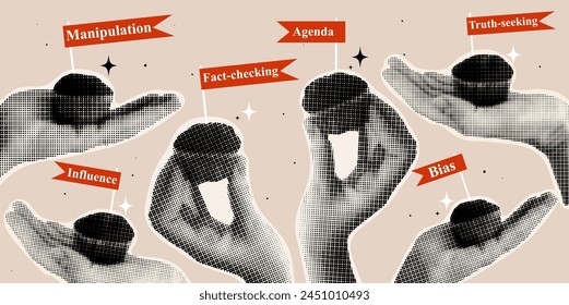  Critical Minds: Media Literacy and Information Analysis. Halftone collage with hands. Seeking Truth in a Disinformation. Fake News and Propaganda. Vector Illustration