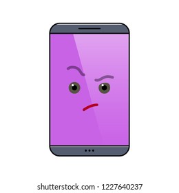 Critical mobile phone isolated emoticon icon. Suspecting digital device emoji. Social communication and chatting. Distrustful smartphone showing facial emotion. Animated cell phone vector illustration