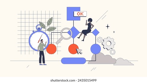 Critical path method as project management tool retro tiny person concept. Extended sequence of tasks for business activities vector illustration. Planning logical path for problem solutions.