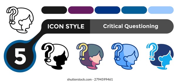 Critical Questioning icon for illustrating probing analysis systems, thoughtful inquiry methods, and evaluative reasoning concepts. Line, Filled, Color, Dualtone style.
